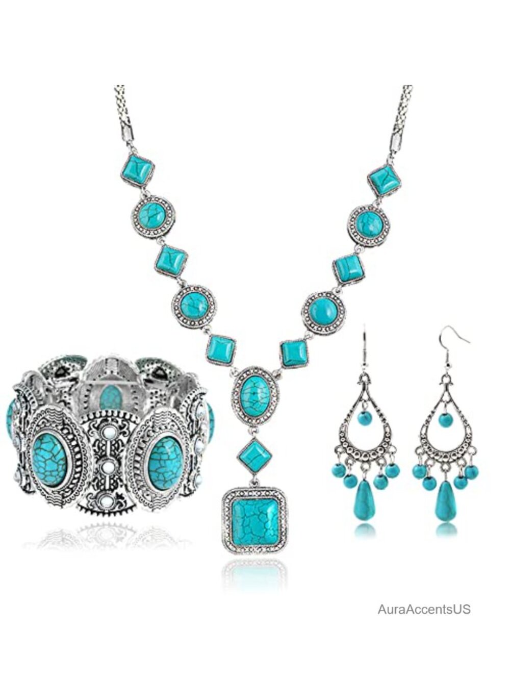 Bohemian Turquoise Necklace Set 3pc Alloy Dangle Earrings Bracelet